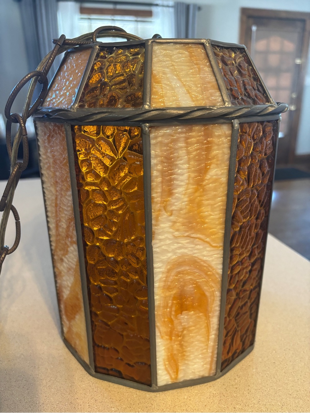 Stained Glass Hanging Lantern Swag Lamp- Amber and Cream